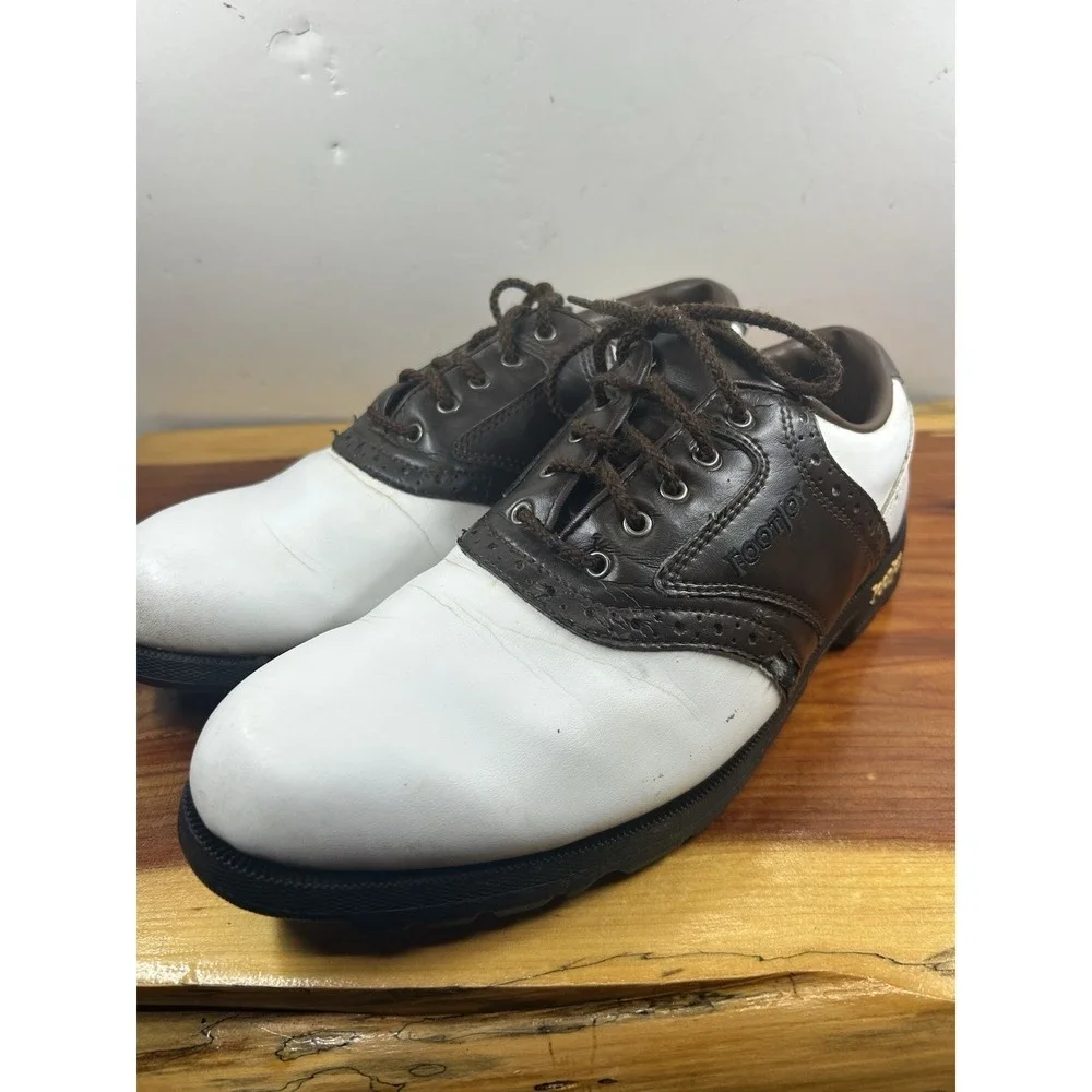 FootJoy Greenjoys Golf Shoes Mens Size 8 1/2 M Saddle White Brown 45581 - Picture 5 of 8